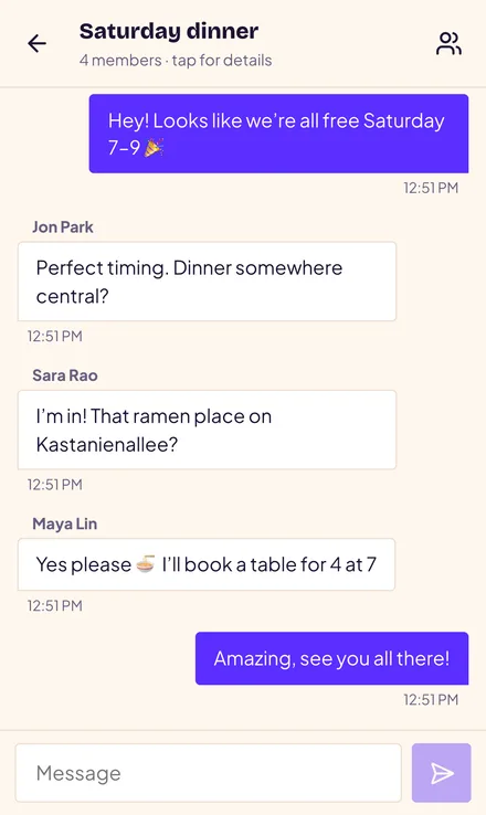 A group chat called Saturday dinner where four people agree to meet for ramen at 7 PM