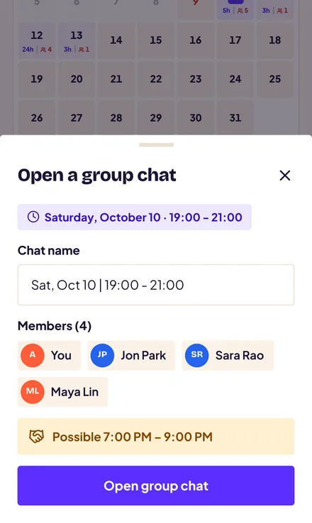 The Open a group chat sheet listing four members and the shared time 7:00 to 9:00 PM