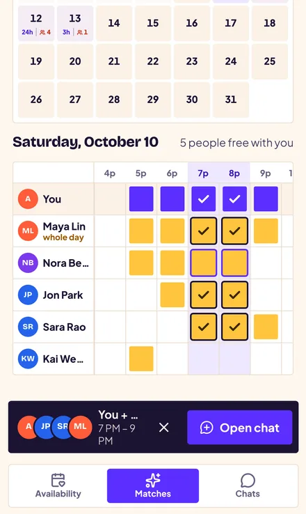 A matches timeline where Maya, Jon and Sara are all free with you from 7 to 9 PM